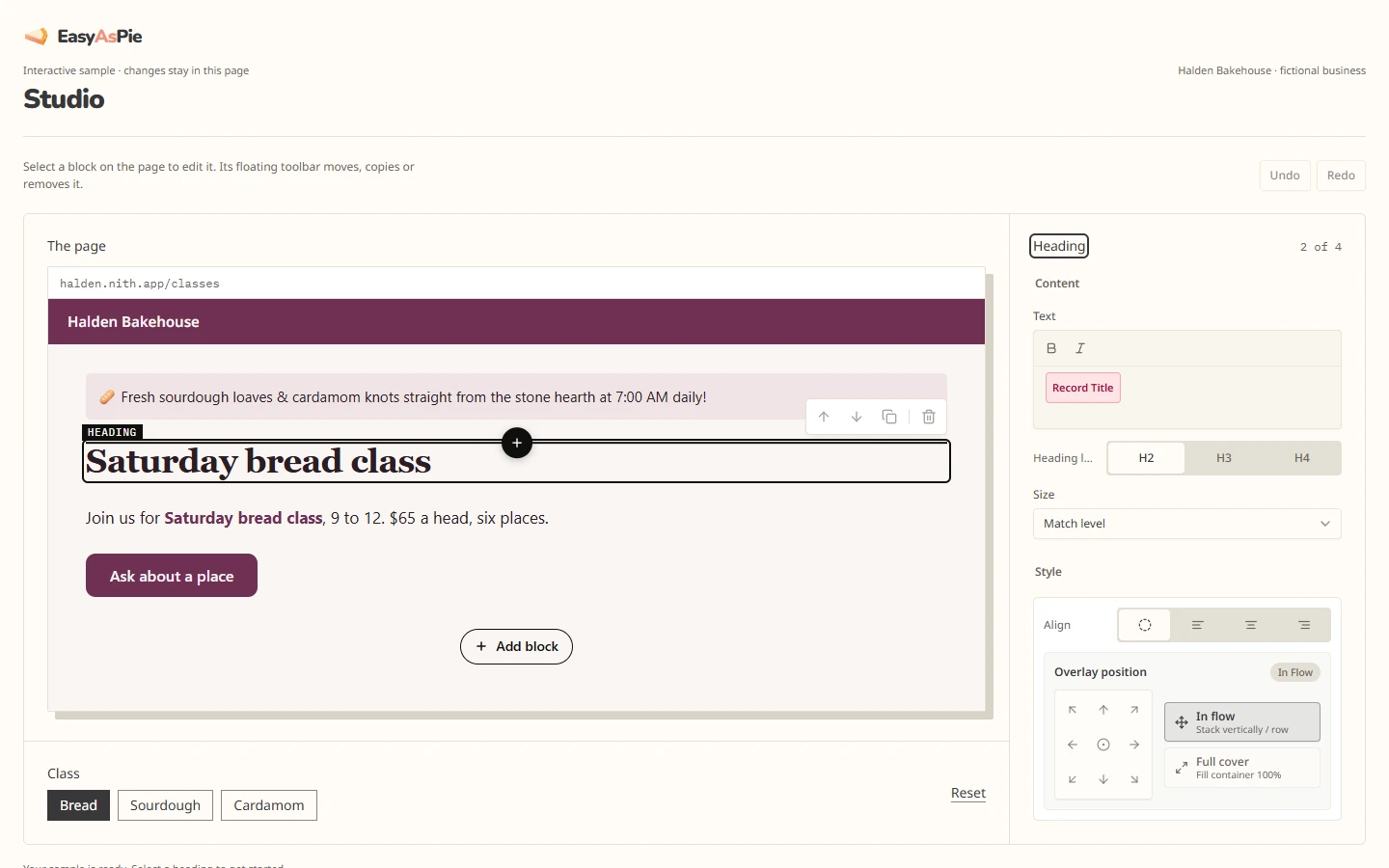 The Studio canvas and its block inspector.